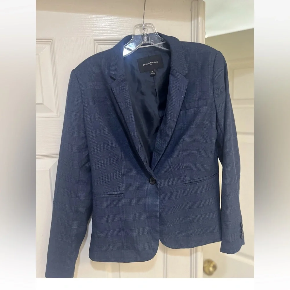 Banana Republic Women Blazer SZ 6 Navy Blue Plaid Blazer Career Office Smart